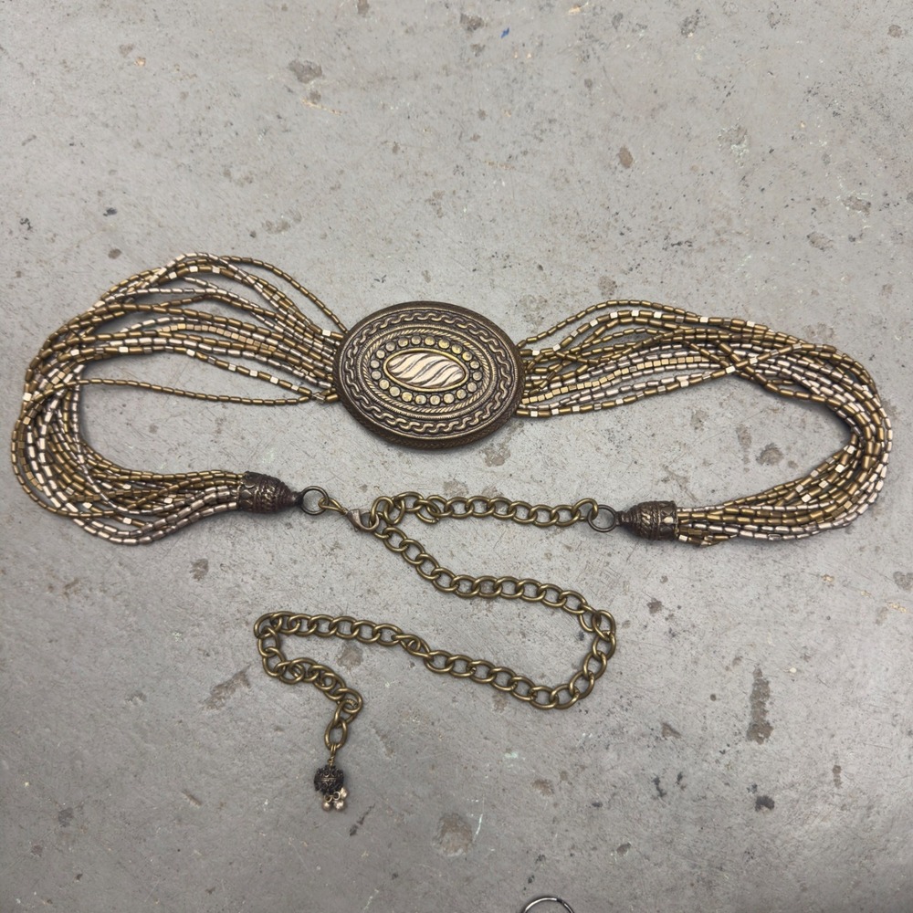 Vintage Bronze Multi Strand Beaded Chain Belt Ornate Oval Medallion Boho 36in